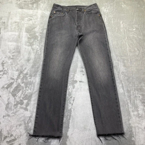 Levi's 501 Grey Wash Button Fly Straight Leg Distressed Hem Jeans Sz 27 Grunge - Picture 1 of 13